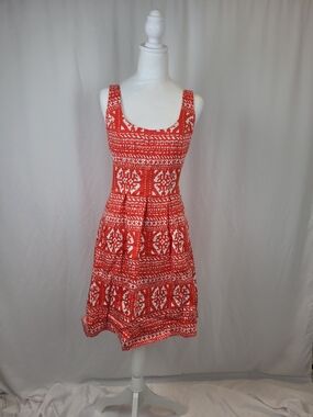 Nine West Red & White Patterned Sleeveless Midi Dress Size 6 Pockets